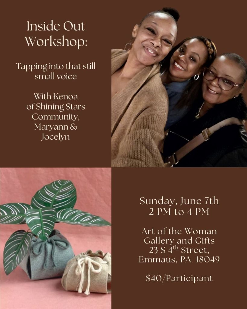 Promotional image for the 'Inside Out' workshop featuring three smiling women. The event focuses on exploring inner voices and is hosted by Kenoa, Maryann, and Jocelyn. Details of the workshop, including date, time, location, and cost, are included.